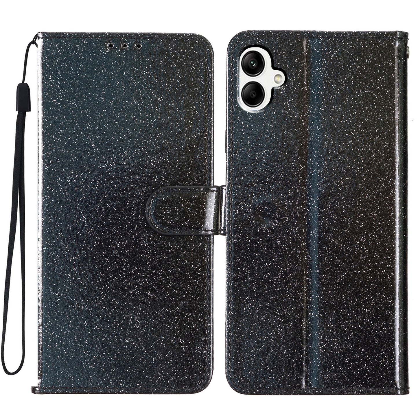 For Samsung Galaxy A06 Wallet Case Glitter Anti-Scratch Leather Phone Cover Stand - Black