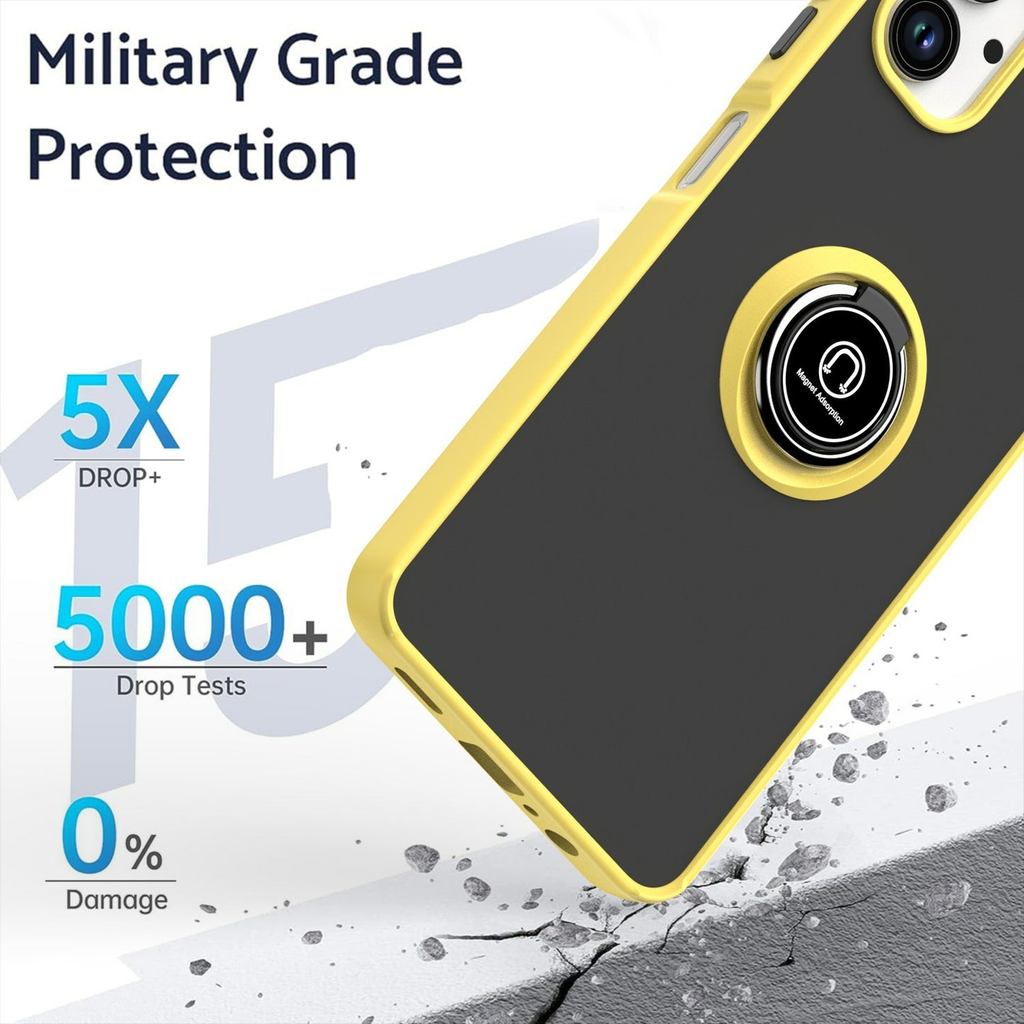 For Samsung Galaxy A06 Case Ring Holder Kickstand TPU+Acrylic Phone Cover - Yellow