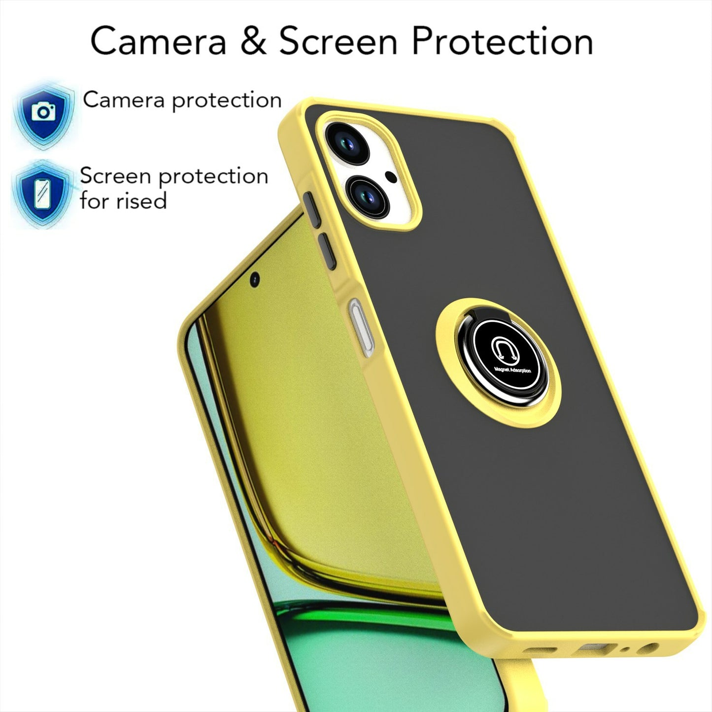 For Samsung Galaxy A06 Case Ring Holder Kickstand TPU+Acrylic Phone Cover - Yellow