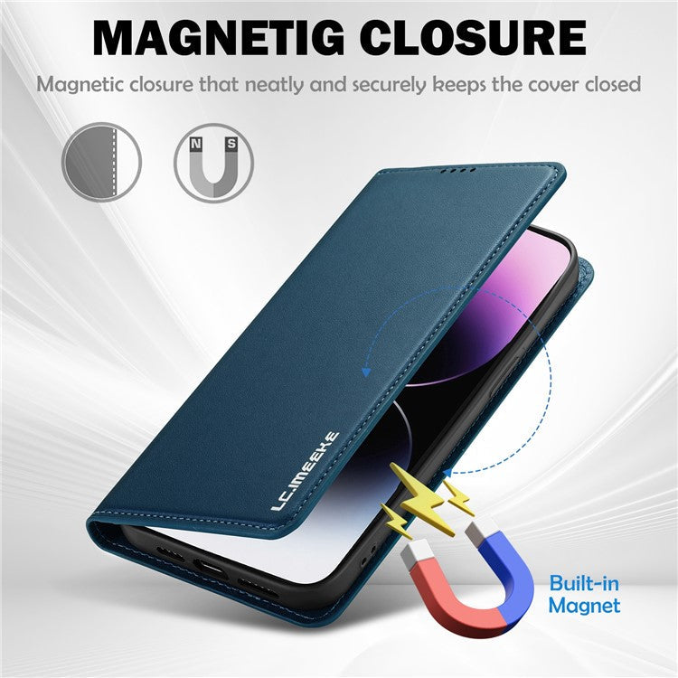 LC.IMEEKE L1 Series for iPhone 16 Case PU Leather Wallet Stand Protective Phone Cover - Blue
