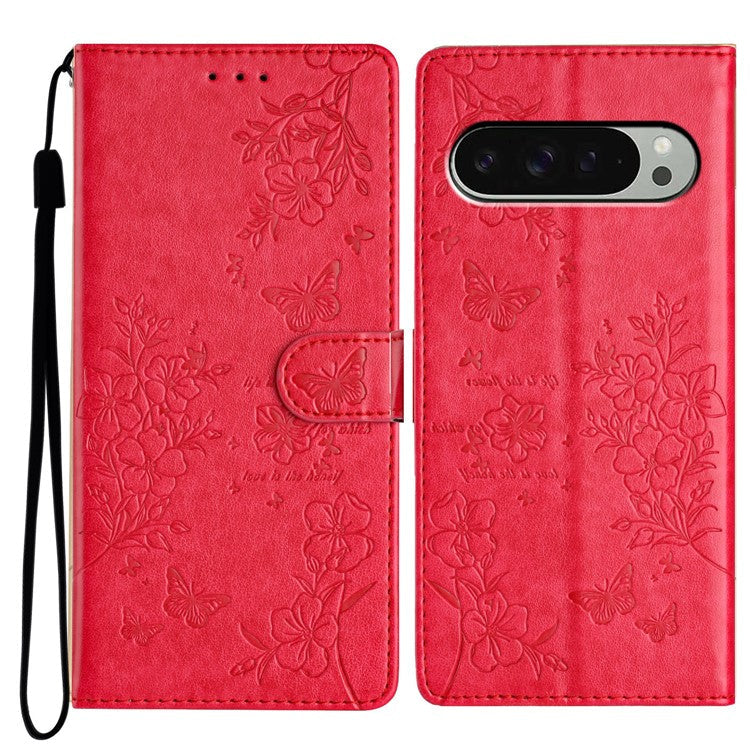 For Google Pixel 9 Pro  /  Pixel 9 Wallet Phone Case Butterfly Floral Imprint Leather Flip Cover - Red
