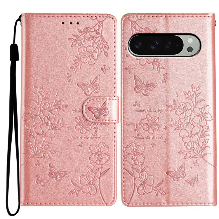 For Google Pixel 9 Pro  /  Pixel 9 Wallet Phone Case Butterfly Floral Imprint Leather Flip Cover - Rose Gold