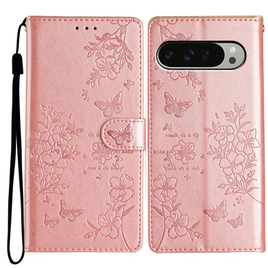 For Google Pixel 9 Pro  /  Pixel 9 Wallet Phone Case Butterfly Floral Imprint Leather Flip Cover - Rose Gold