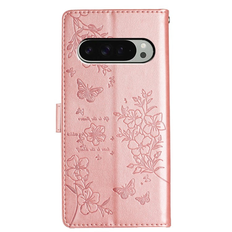 For Google Pixel 9 Pro  /  Pixel 9 Wallet Phone Case Butterfly Floral Imprint Leather Flip Cover - Rose Gold