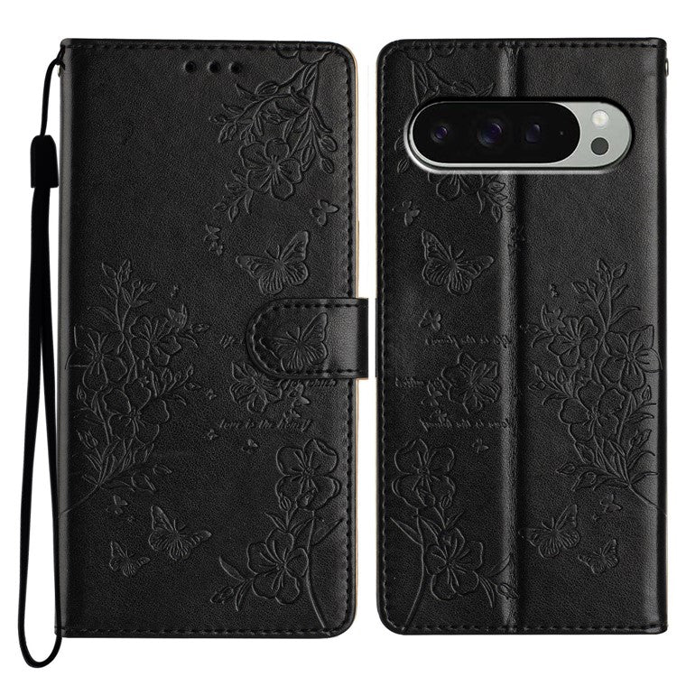 For Google Pixel 9 Pro  /  Pixel 9 Wallet Phone Case Butterfly Floral Imprint Leather Flip Cover - Black