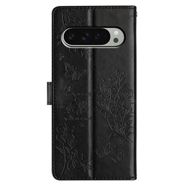 For Google Pixel 9 Pro  /  Pixel 9 Wallet Phone Case Butterfly Floral Imprint Leather Flip Cover - Black