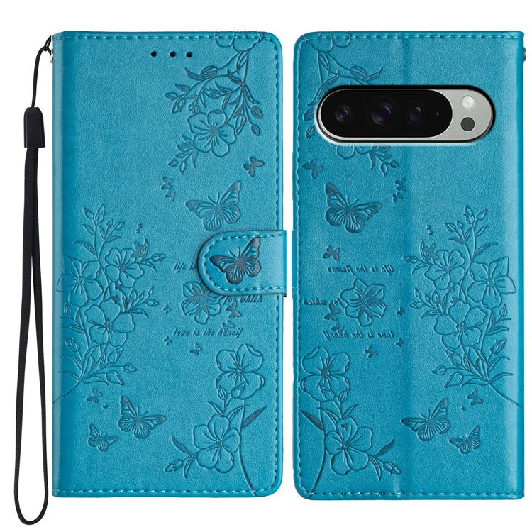 For Google Pixel 9 Pro  /  Pixel 9 Wallet Phone Case Butterfly Floral Imprint Leather Flip Cover - Blue