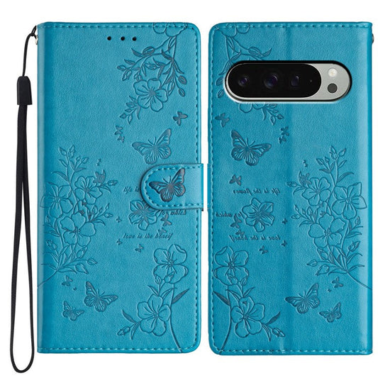 For Google Pixel 9 Pro  /  Pixel 9 Wallet Phone Case Butterfly Floral Imprint Leather Flip Cover - Blue