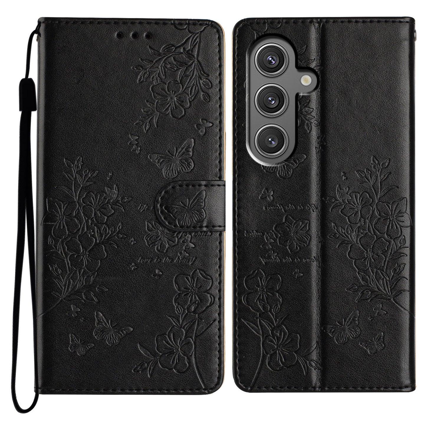 For Samsung Galaxy A16 5G / A16 4G Wallet Phone Case Butterfly Floral Imprint Leather Flip Cover - Black