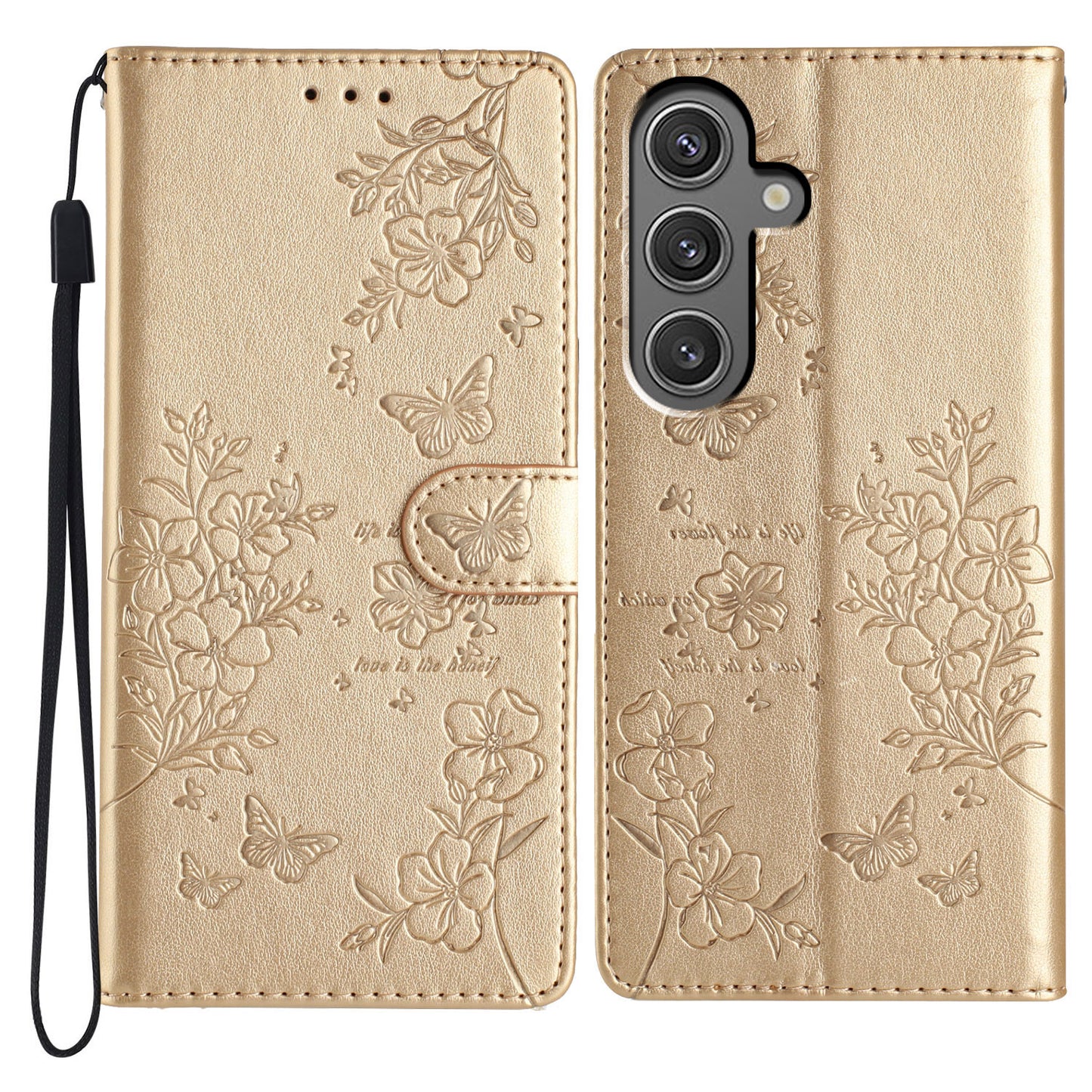 For Samsung Galaxy A16 5G / A16 4G Wallet Phone Case Butterfly Floral Imprint Leather Flip Cover - Gold