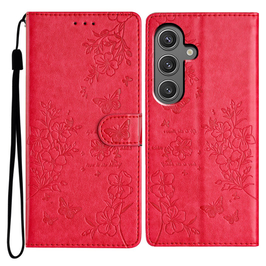 For Samsung Galaxy A16 5G / A16 4G Wallet Phone Case Butterfly Floral Imprint Leather Flip Cover - Red