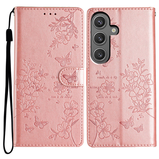 For Samsung Galaxy A16 5G / A16 4G Wallet Phone Case Butterfly Floral Imprint Leather Flip Cover - Rose Gold
