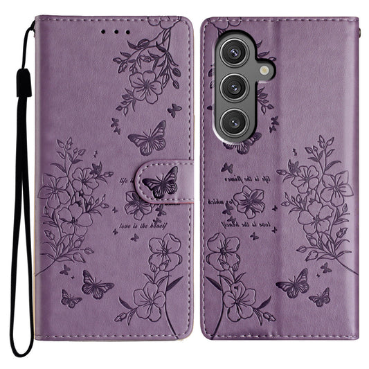 For Samsung Galaxy A16 5G / A16 4G Wallet Phone Case Butterfly Floral Imprint Leather Flip Cover - Purple