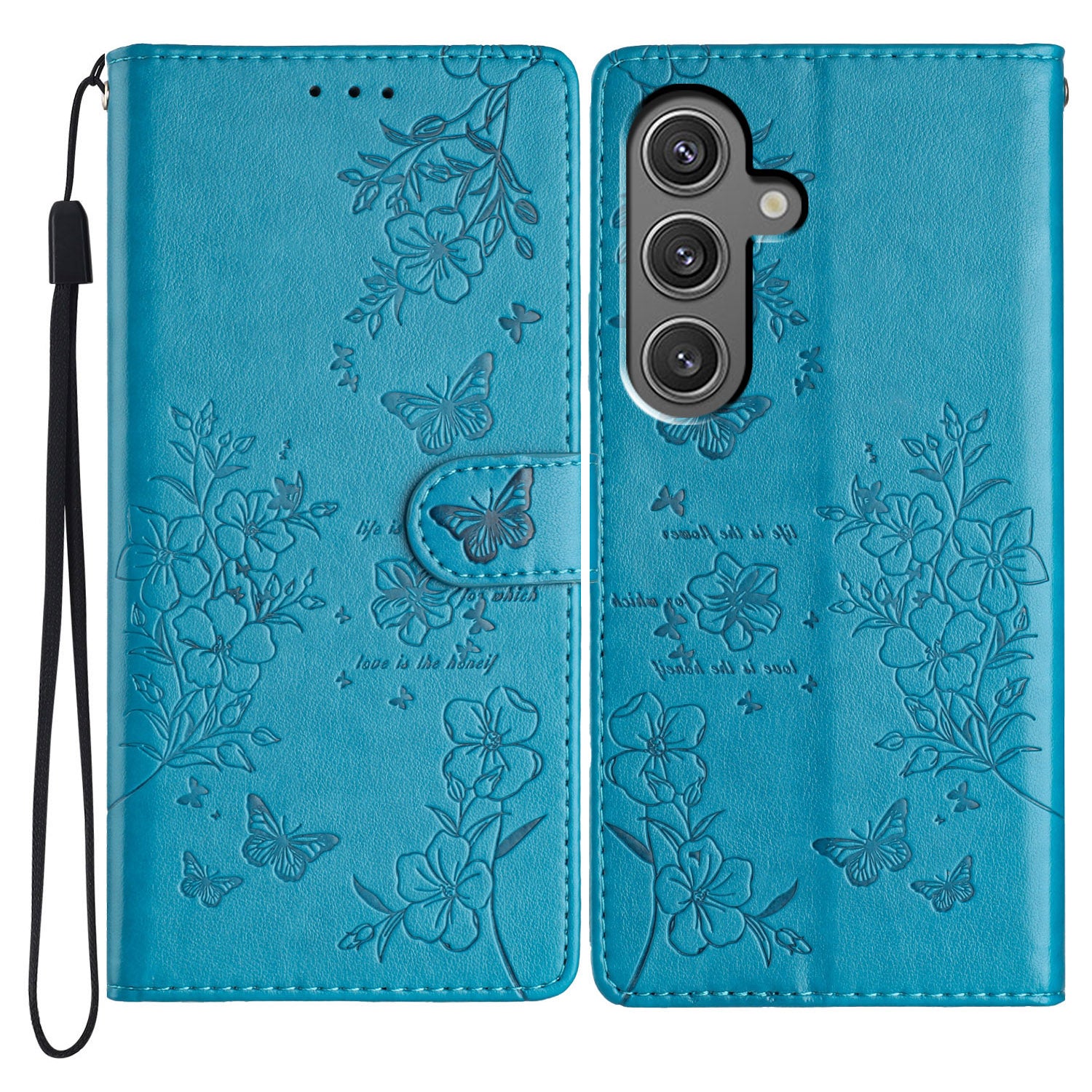 For Samsung Galaxy A16 5G / A16 4G Wallet Phone Case Butterfly Floral Imprint Leather Flip Cover - Blue