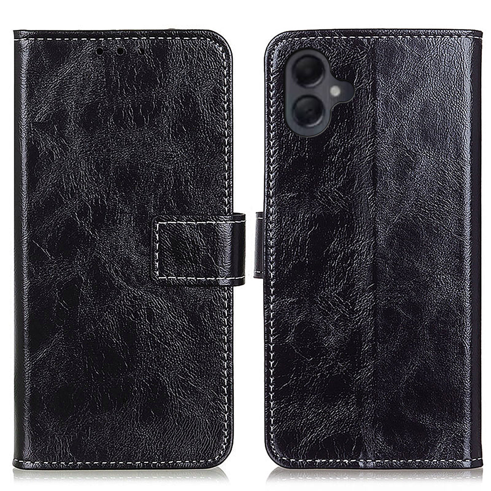 For Samsung Galaxy A06 Case Crazy Horse Texture Leather Phone Wallet Cover - Black