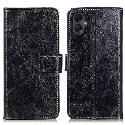 For Samsung Galaxy A06 Case Crazy Horse Texture Leather Phone Wallet Cover - Black