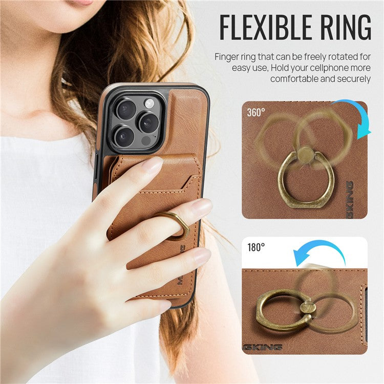 MAGKING K1 Series For iPhone 16 Pro Magnetic Case PC+TPU+PU Phone Cover with Card Holder Kickstand - Brown