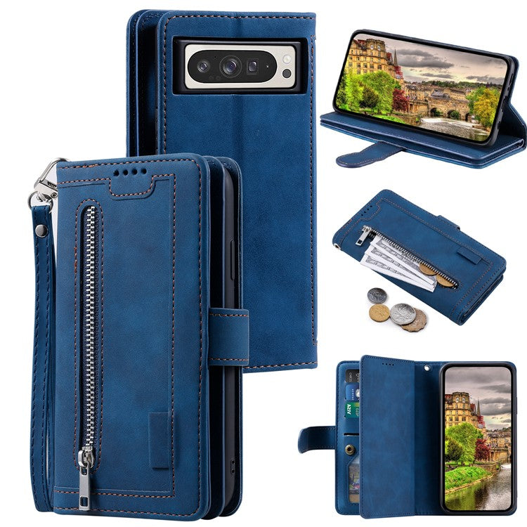 For Google Pixel 9 Pro XL Case PU Leather Phone Cover with Zipper Wallet 9 Card Slots - Blue