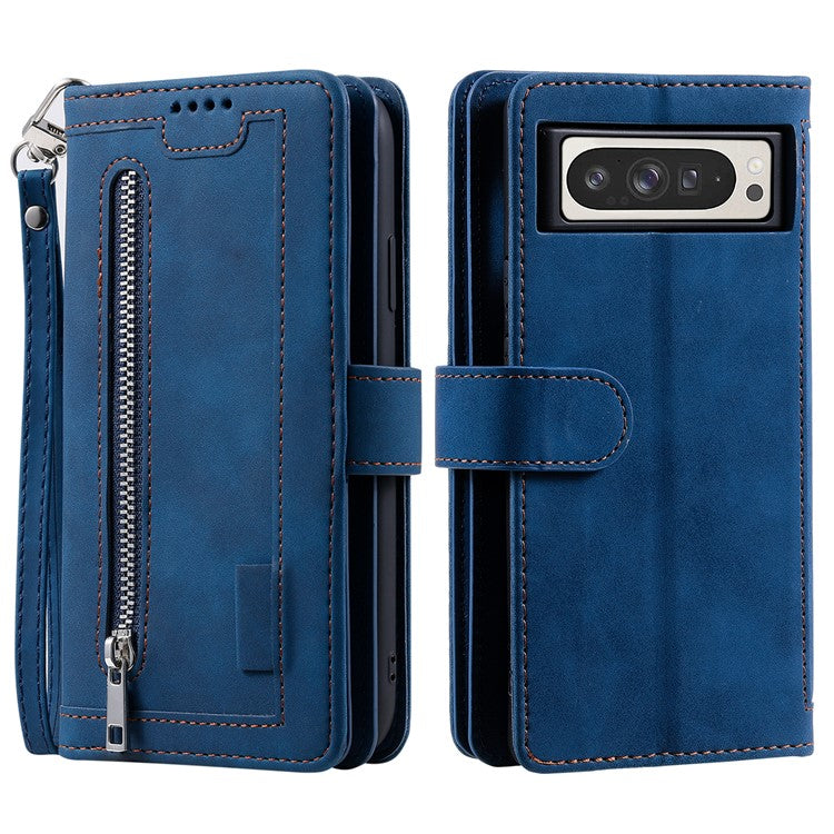 For Google Pixel 9 Pro XL Case PU Leather Phone Cover with Zipper Wallet 9 Card Slots - Blue