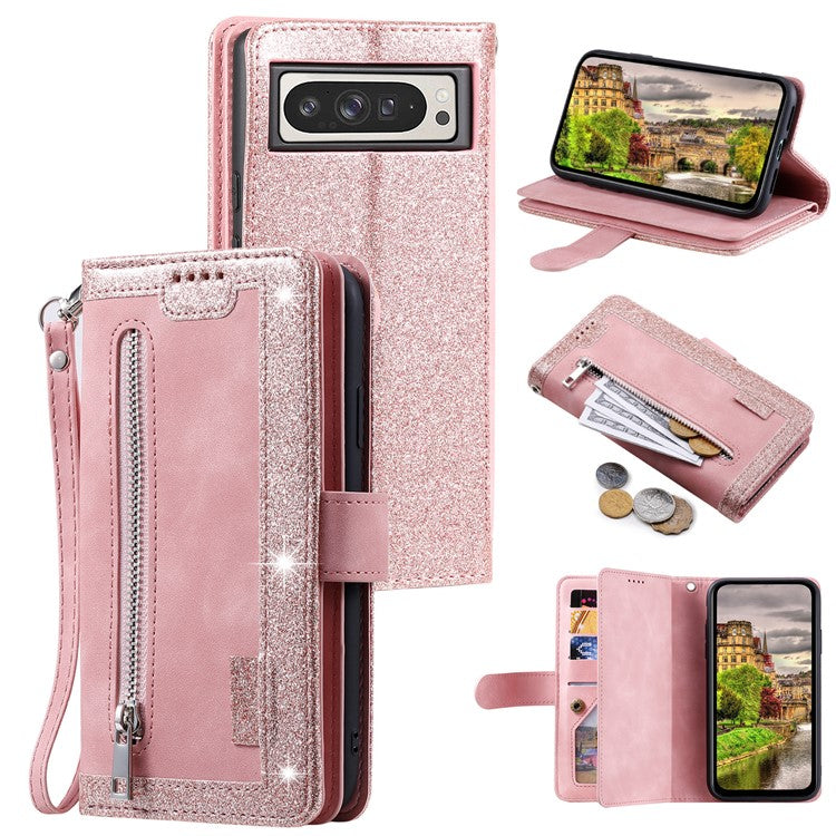 For Google Pixel 9 Pro XL Case PU Leather Phone Cover with Zipper Wallet 9 Card Slots - Rose Gold
