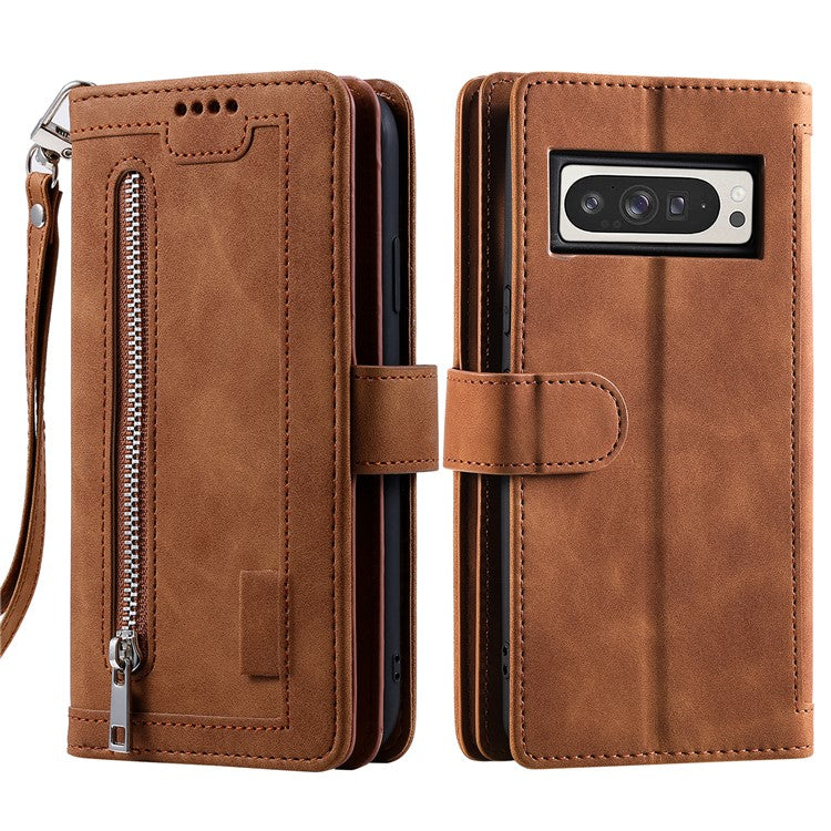 For Google Pixel 9 Pro XL Case PU Leather Phone Cover with Zipper Wallet 9 Card Slots - Brown