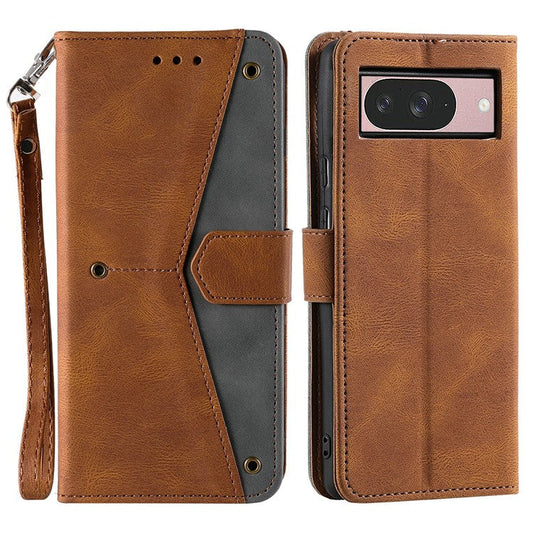 For Google Pixel 9 / 9 Pro Leather Case Splicing Stitching Wallet Stand Phone Cover with Strap - Brown