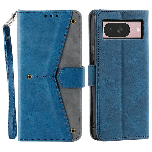 For Google Pixel 9 / 9 Pro Leather Case Splicing Stitching Wallet Stand Phone Cover with Strap - Blue
