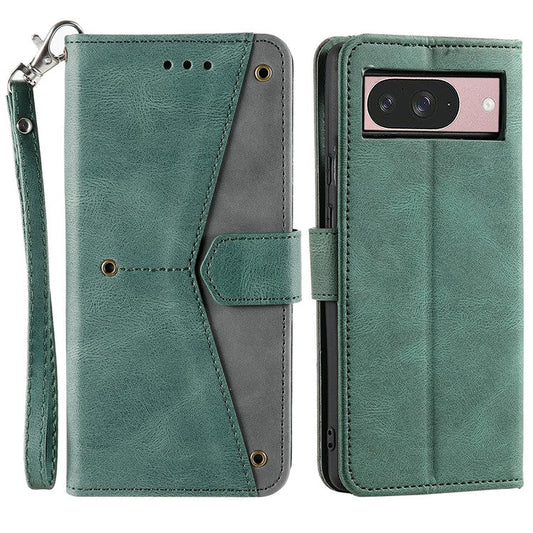 For Google Pixel 9 / 9 Pro Leather Case Splicing Stitching Wallet Stand Phone Cover with Strap - Green