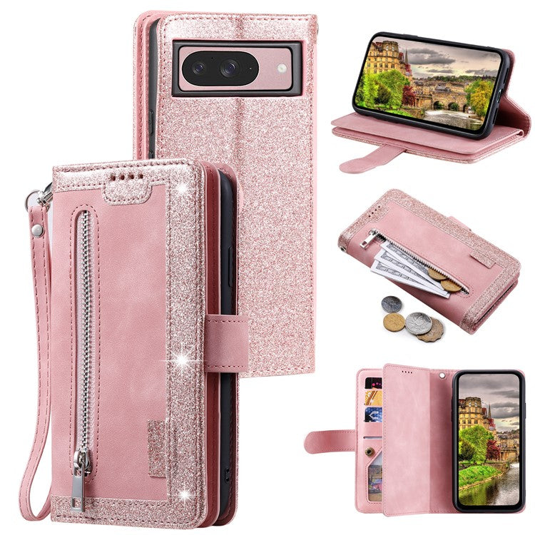 For Google Pixel 9 / 9 Pro Case PU Leather Phone Cover with Zipper Wallet 9 Card Slots - Rose Gold