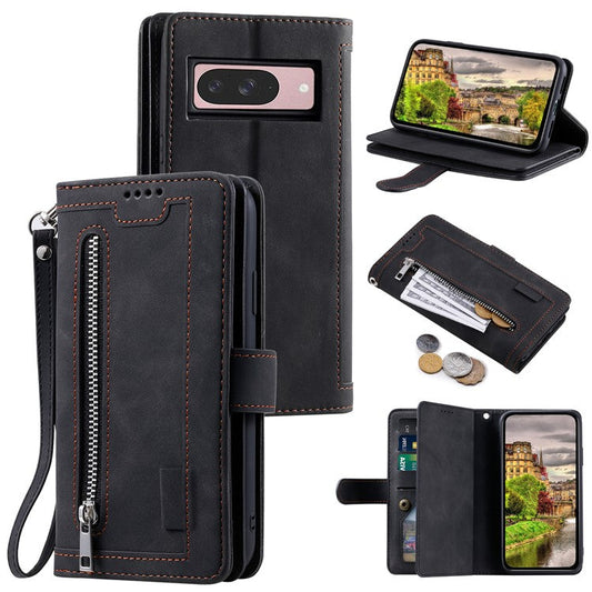For Google Pixel 9 / 9 Pro Case PU Leather Phone Cover with Zipper Wallet 9 Card Slots - Black