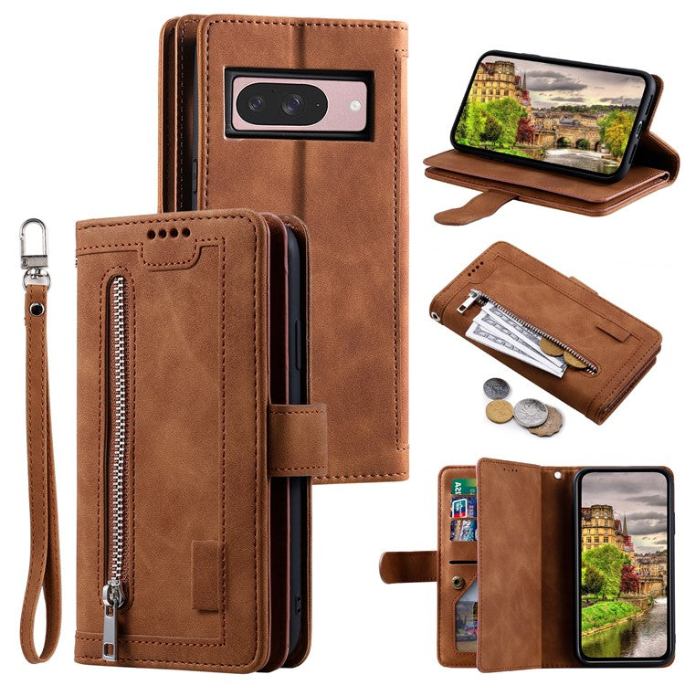 For Google Pixel 9 / 9 Pro Case PU Leather Phone Cover with Zipper Wallet 9 Card Slots - Brown