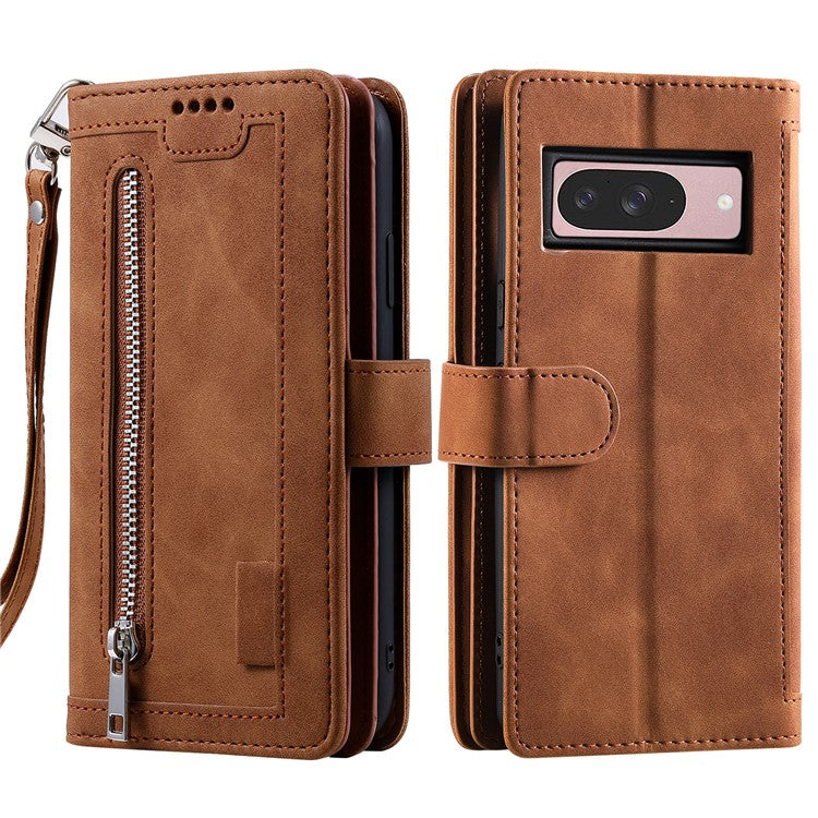 For Google Pixel 9 / 9 Pro Case PU Leather Phone Cover with Zipper Wallet 9 Card Slots - Brown