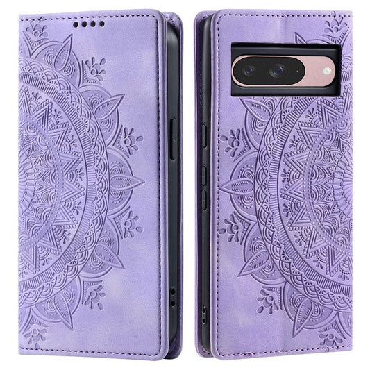 Style 010 For Google Pixel 9 / 9 Pro Case Mandala Pattern Magnetic Closing Leather Phone Cover - Purple