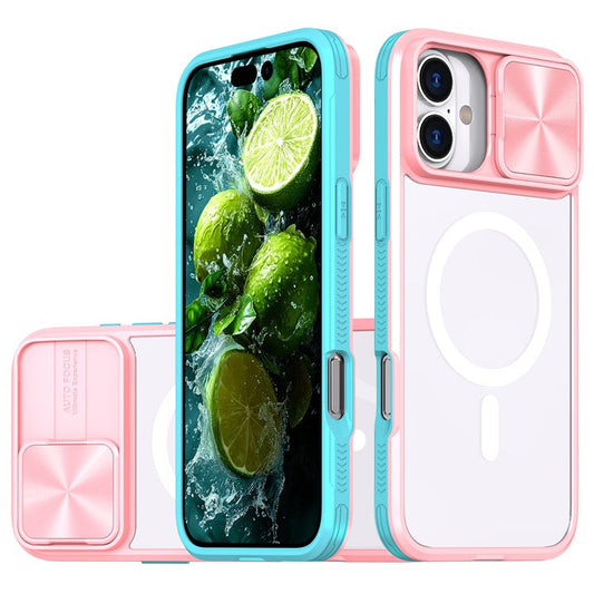 For iPhone 16 Clear Phone Case Compatible with MagSafe PC Cover with Camera Lens Slider - Pink  /  Cyan