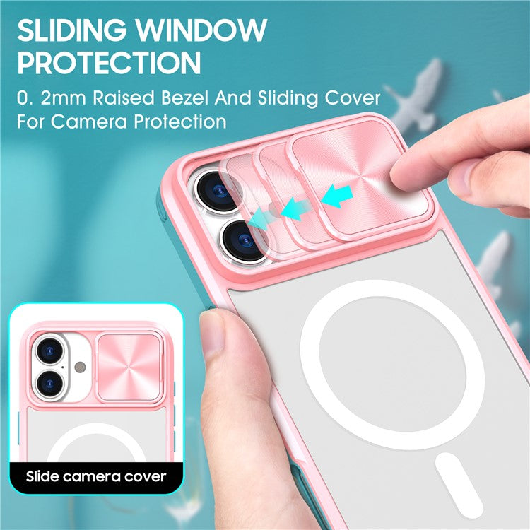 For iPhone 16 Clear Phone Case Compatible with MagSafe PC Cover with Camera Lens Slider - Pink  /  Cyan
