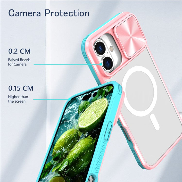 For iPhone 16 Clear Phone Case Compatible with MagSafe PC Cover with Camera Lens Slider - Pink  /  Cyan