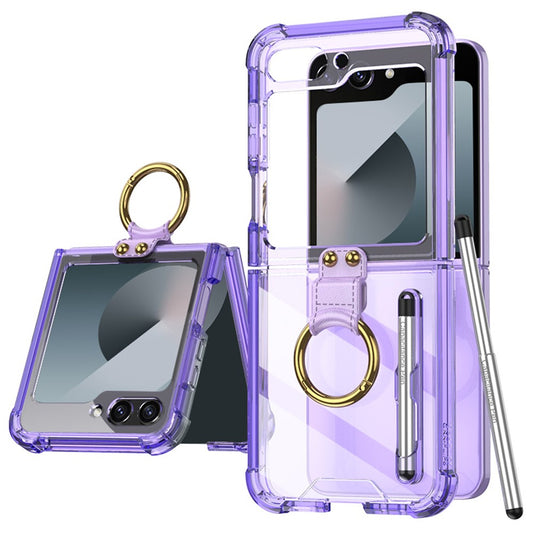 GKK For Samsung Galaxy Z Flip7 FE 5G / Z Flip6 5G Case Shockproof Phone Cover Ring Kickstand with Stylus - Transparent Purple