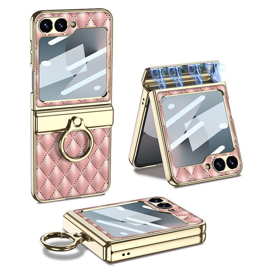GKK For Samsung Galaxy Z Flip7 FE 5G / Z Flip6 5G Kickstand Case Rhombus Pattern PC+PU Phone Cover - Pink
