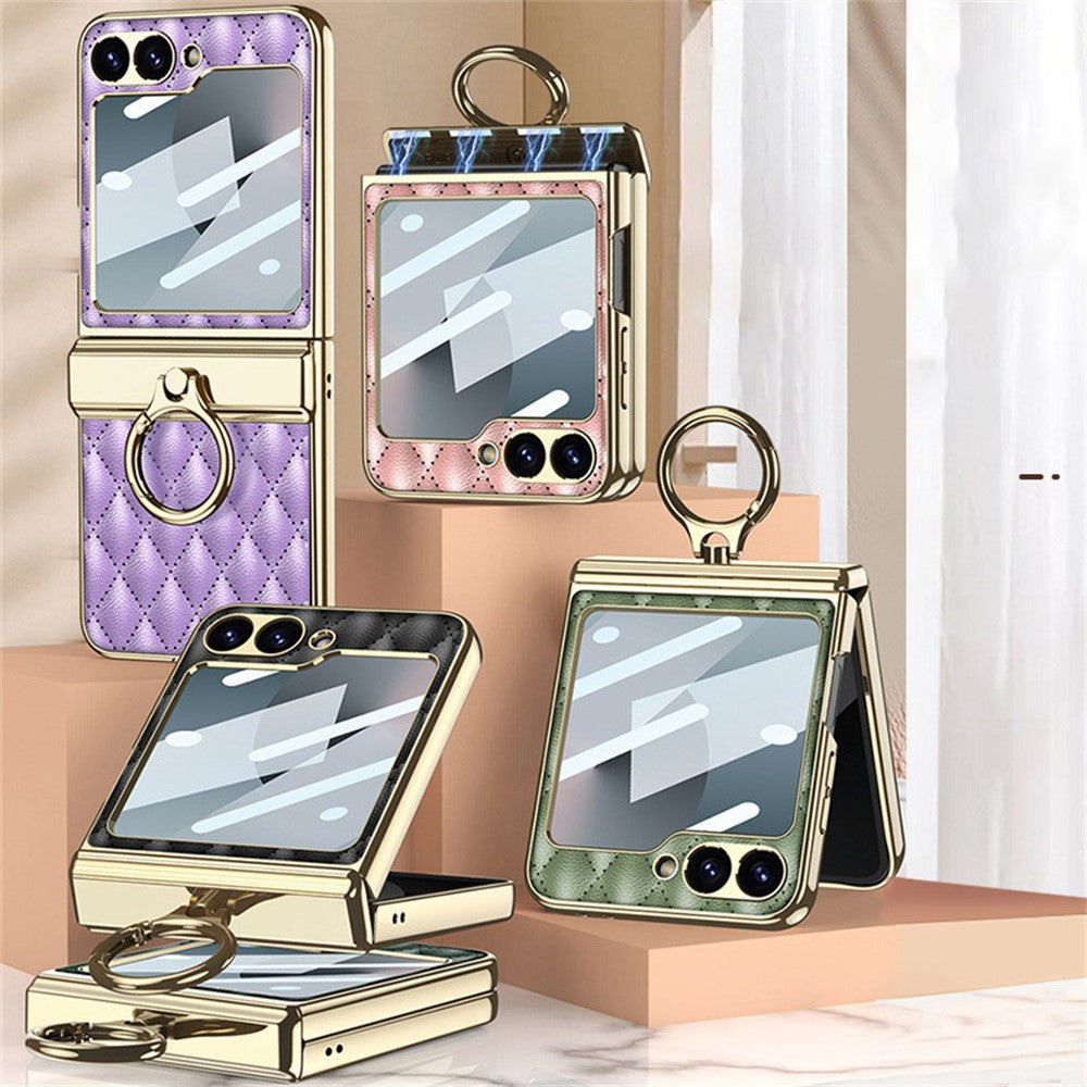 GKK For Samsung Galaxy Z Flip7 FE 5G / Z Flip6 5G Kickstand Case Rhombus Pattern PC+PU Phone Cover - Dark Green