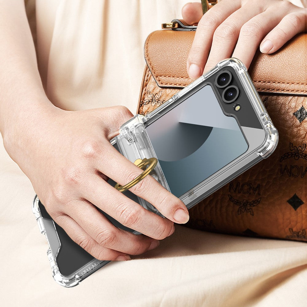 GKK For Samsung Galaxy Z Flip7 FE 5G / Z Flip6 5G Clear Case Airbag Hinge Protector Kickstand PC Phone Cover with Strap - Silver