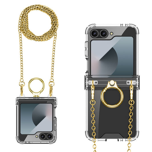 GKK For Samsung Galaxy Z Flip7 FE 5G / Z Flip6 5G Clear Case Airbag Hinge Protector Kickstand PC Phone Cover with Strap - Gold