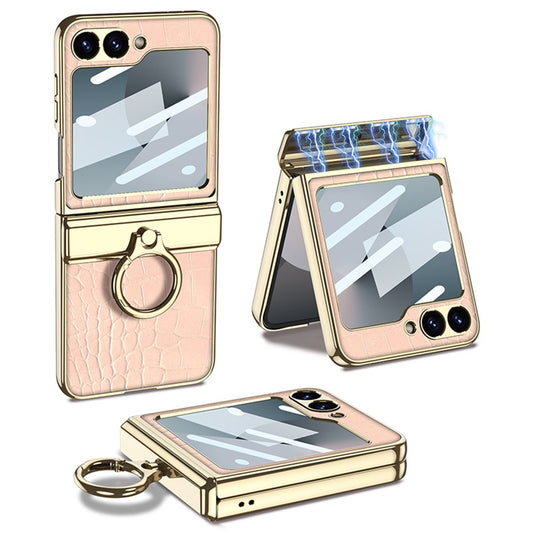 GKK For Samsung Galaxy Z Flip7 FE 5G / Z Flip6 5G Case Magnetic Hinge Protection PU+PC Kickstand Phone Cover - Crocodile Pink