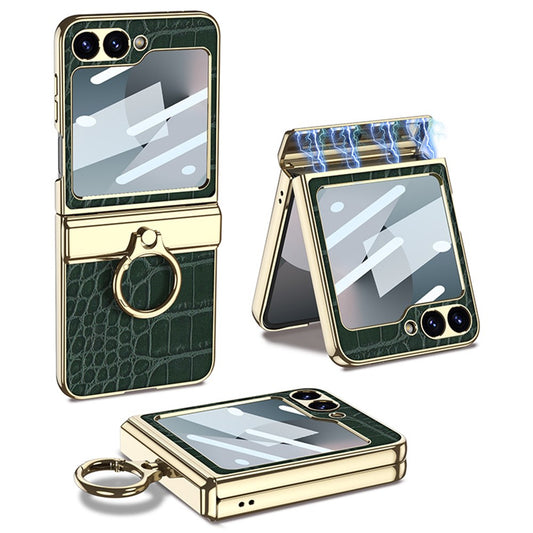 GKK For Samsung Galaxy Z Flip7 FE 5G / Z Flip6 5G Case Magnetic Hinge Protection PU+PC Kickstand Phone Cover - Crocodile Green