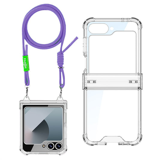 GKK For Samsung Galaxy Z Flip7 FE 5G / Z Flip6 5G Clear Case Airbag Hinge Protector PC Phone Cover with Strap - Purple