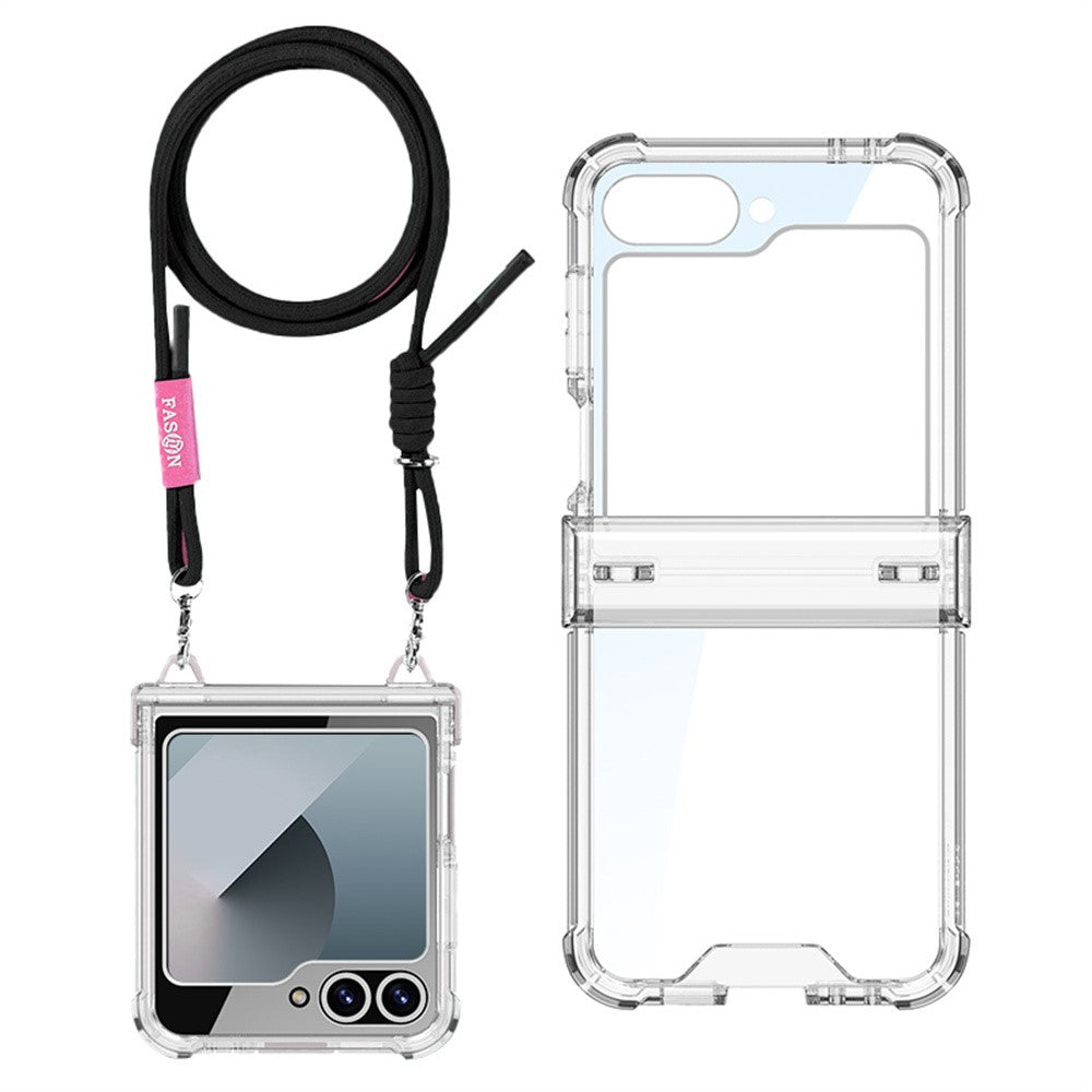 GKK For Samsung Galaxy Z Flip7 FE 5G / Z Flip6 5G Clear Case Airbag Hinge Protector PC Phone Cover with Strap - Black