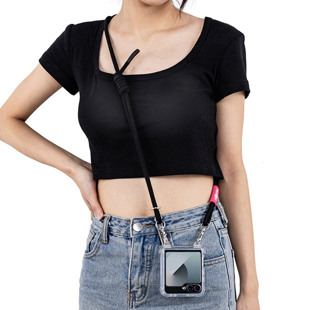 GKK For Samsung Galaxy Z Flip7 FE 5G / Z Flip6 5G Clear Case Airbag Hinge Protector PC Phone Cover with Strap - Black