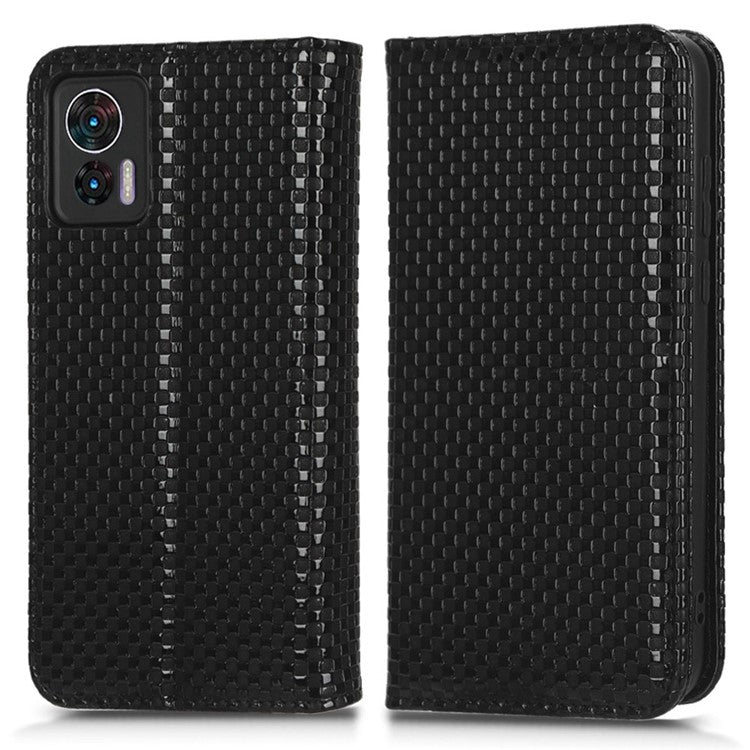 For Motorola Edge 30 Neo 5G / Edge 30 Lite 5G Slim Fit Grid Texture PU Leather Stand Case Auto-absorbed Phone Wallet Cover - Black