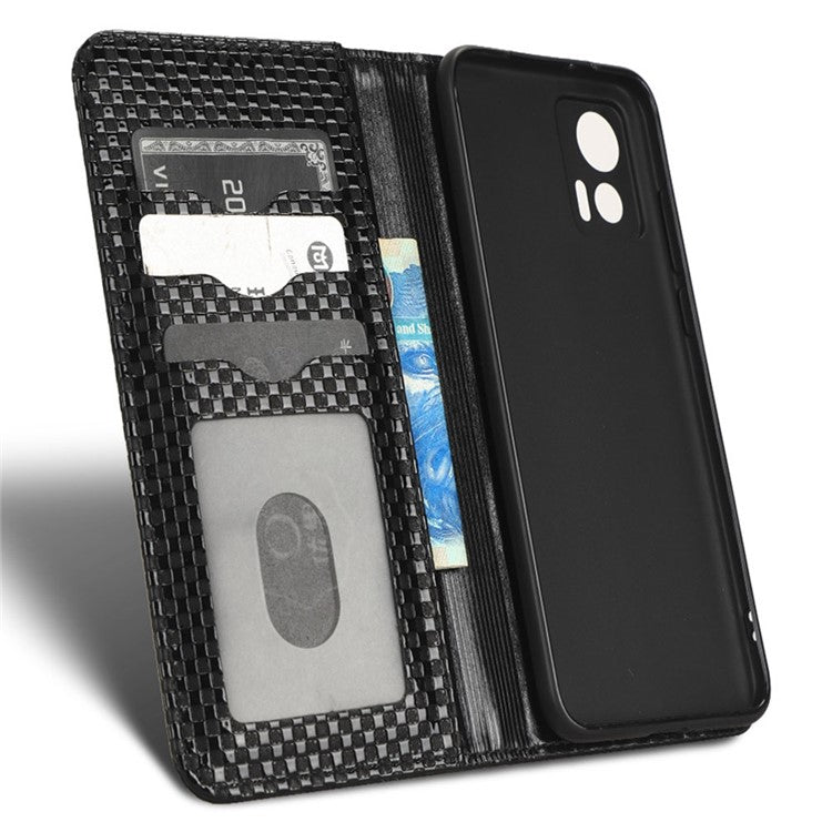 For Motorola Edge 30 Neo 5G / Edge 30 Lite 5G Slim Fit Grid Texture PU Leather Stand Case Auto-absorbed Phone Wallet Cover - Black