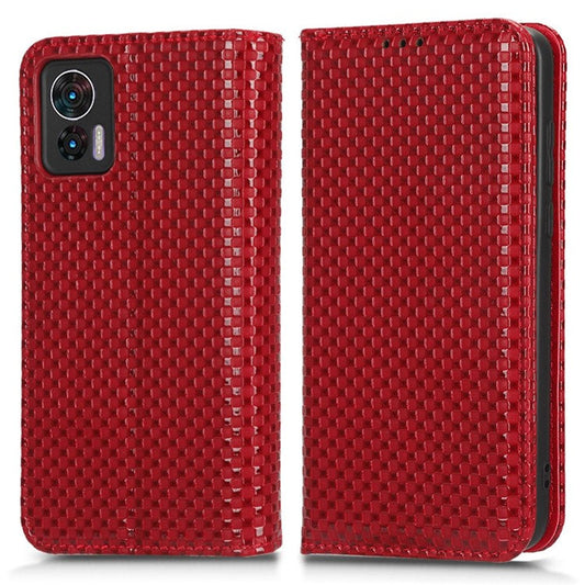 For Motorola Edge 30 Neo 5G / Edge 30 Lite 5G Slim Fit Grid Texture PU Leather Stand Case Auto-absorbed Phone Wallet Cover - Wine Red