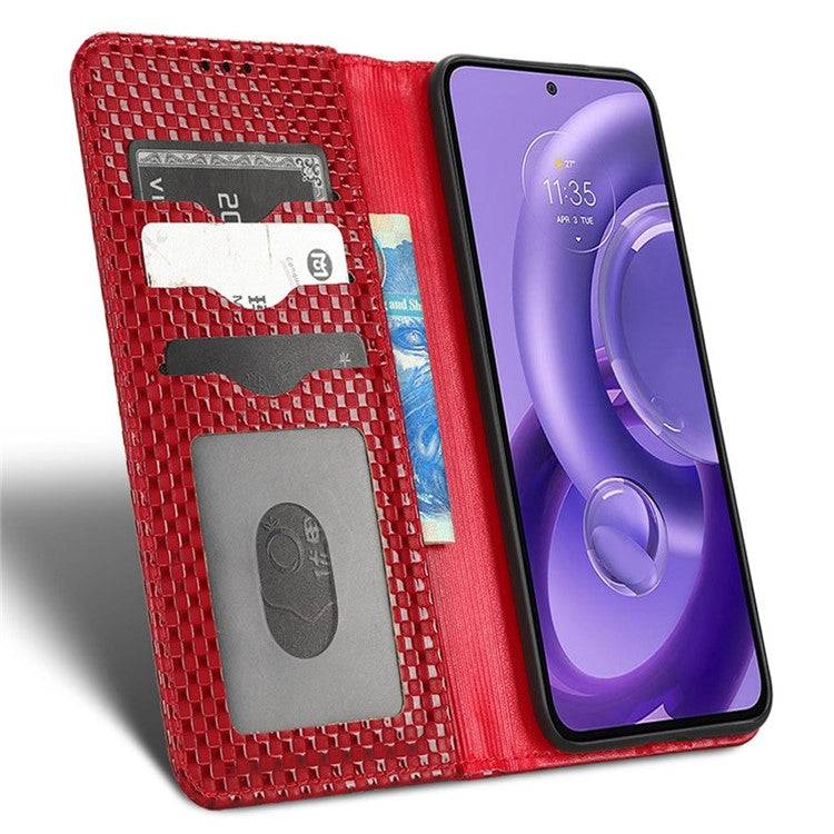 For Motorola Edge 30 Neo 5G / Edge 30 Lite 5G Slim Fit Grid Texture PU Leather Stand Case Auto-absorbed Phone Wallet Cover - Wine Red